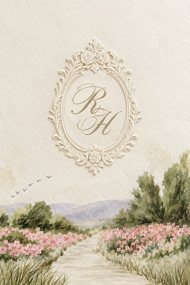R and H monogram above a painted garden of pink flowers